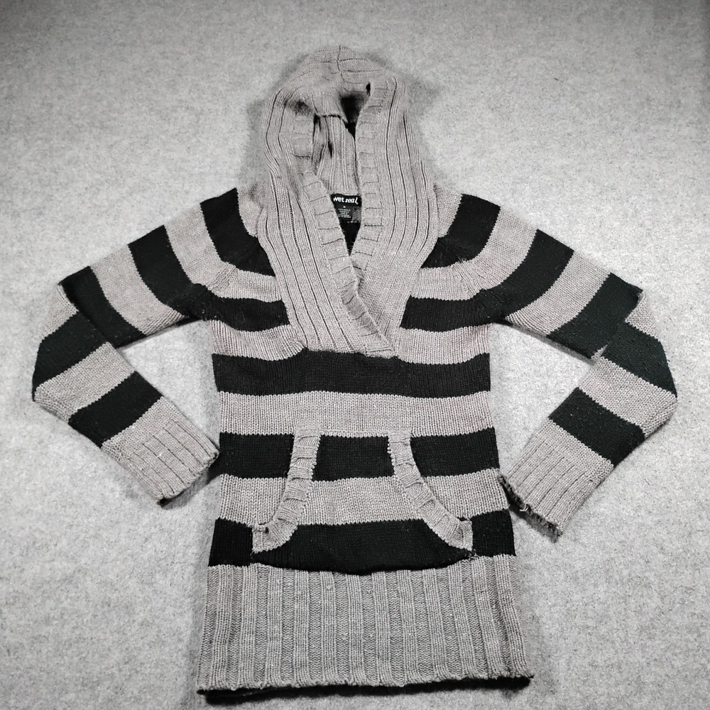 Wet Seal Striped Hooded Sweater Knit Top Women's M Gray Black Vintage Y2K Grunge